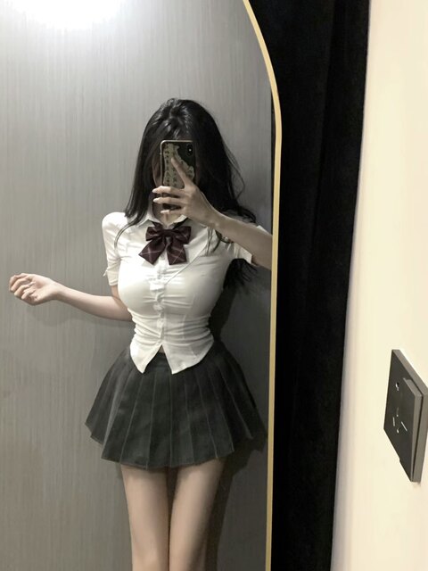 Summer jk uniform waist shirt women's top short-sleeved college style slim white shirt hot girl skirt suit
