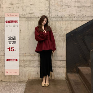 
Echoone Fragrant Rose Drawstring Suli double-sided wool coat woolen coat mid-length top for women