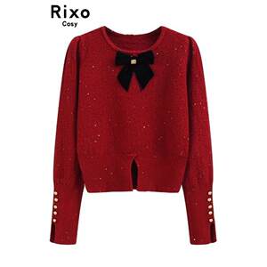 
RIXO COSY New Year Big Red Christmas Sweater Women's Short Loose Small Round Neck Knitted Top