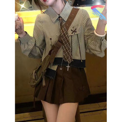 Vintage Long-Sleeve Shirt for Women with Unique Design, Melard Striped Shirt, Jk Preppy Style, Irregular Short Top