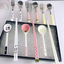 High-Quality Ceramic Chopsticks, Spoon, and Fork Set for Couples, Students, and Dormitory Use with Storage Box for Single Person Use