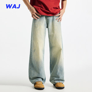 American retro yellow mud dyed and washed old jeans men's spring and summer loose straight breathable thin casual trousers
