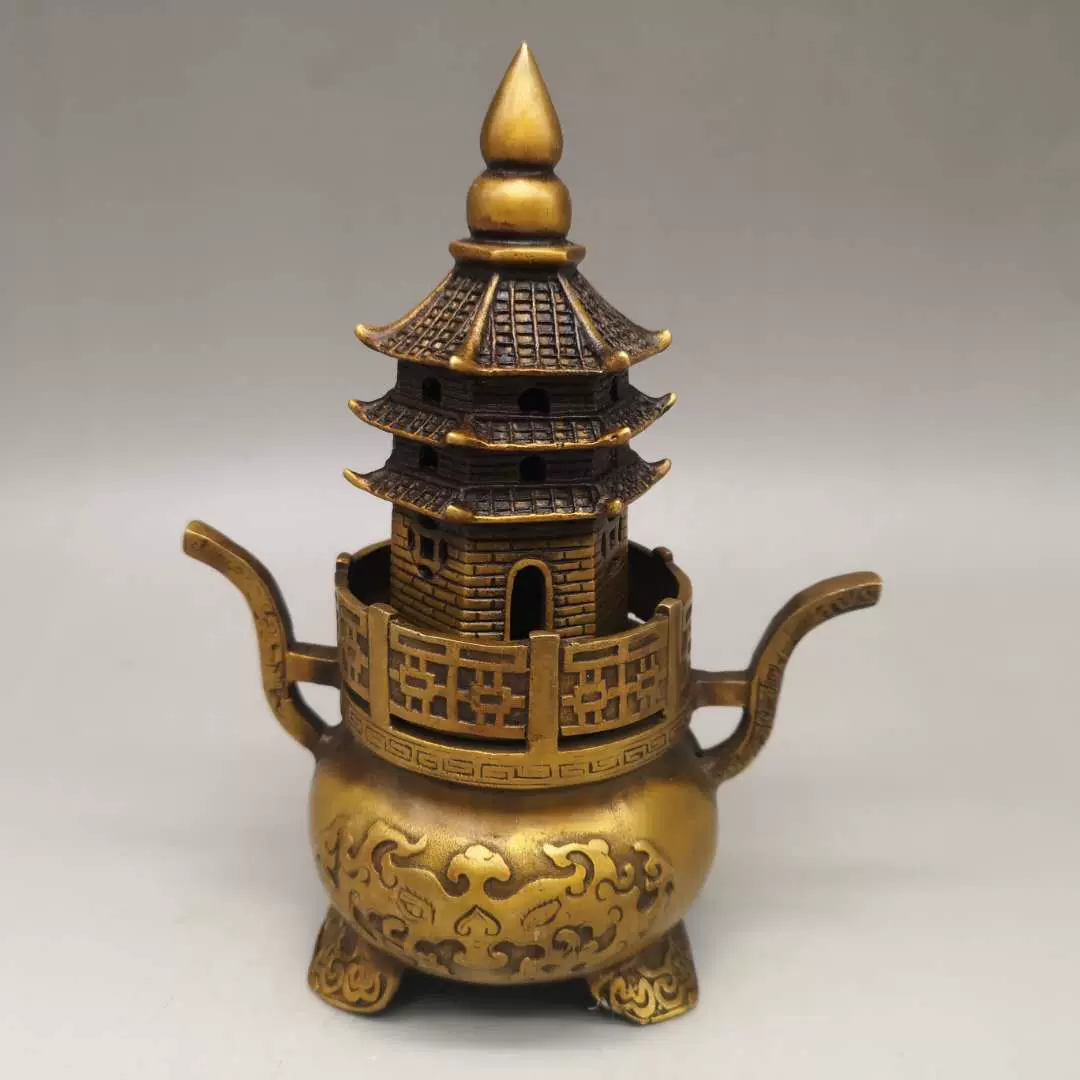 中国 古銅 琺瑯彩 象塔香炉 桐箱付 M 5576 纯铜塔炉