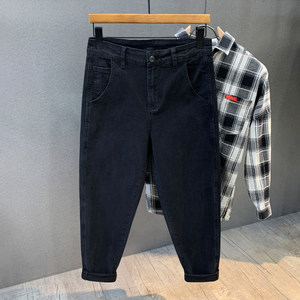 High -end tide brand water washing black jeans men's slim feet autumn new elastic casual long pants boys
