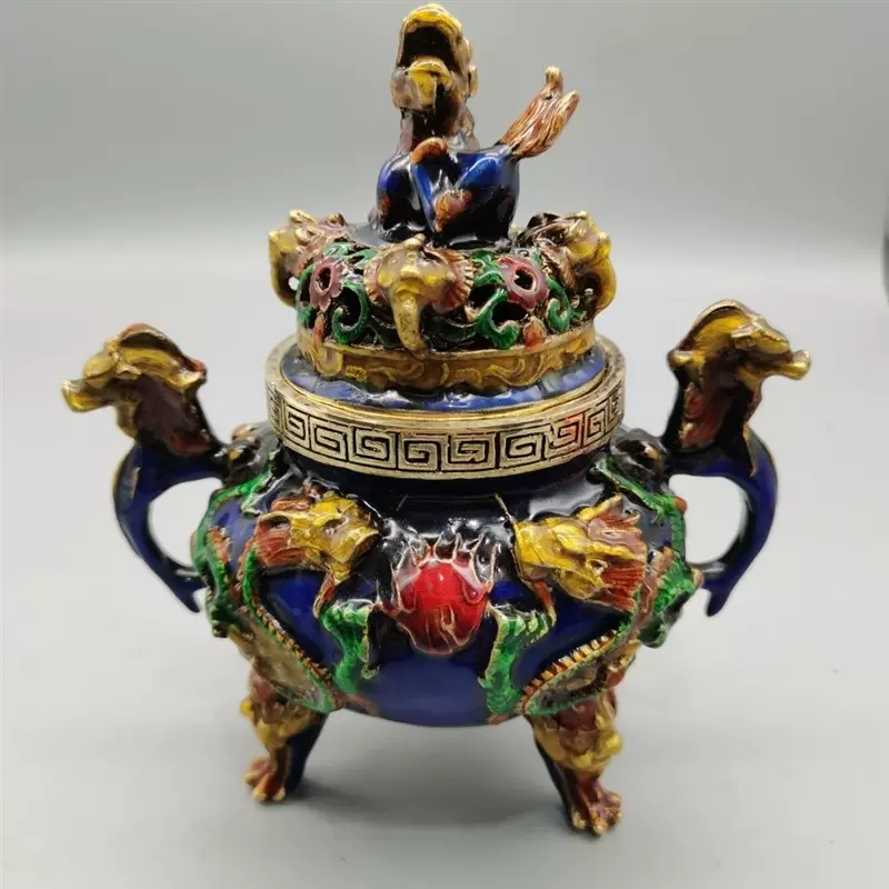 公式 ▽鴻▽ 中国古美術 中国古玩 古賞物 置物 三足熏香炉 雙象耳 琺瑯