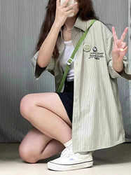 Plus Size 150kg Japanese Retro Striped Shirt for Women, Summer Layering Shirt, Trendy Brand Couple Short-Sleeve Top