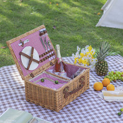 Wicker Picnic Basket Insulated Bag Rattan Outdoor Picnic Basket Portable with Lid Camping Supplies Two-Person Set Tableware