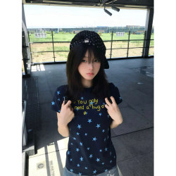 American-Style Korean Sweet Star-Printed Letter Short-Sleeve T-Shirt for Women, Summer Slim-Fit Navy Blue Top