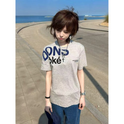 American-Style Korean Letter Print Regular Shoulder Short-Sleeve T-Shirt for Women, Summer Loose Casual Versatile Sports Gray Top