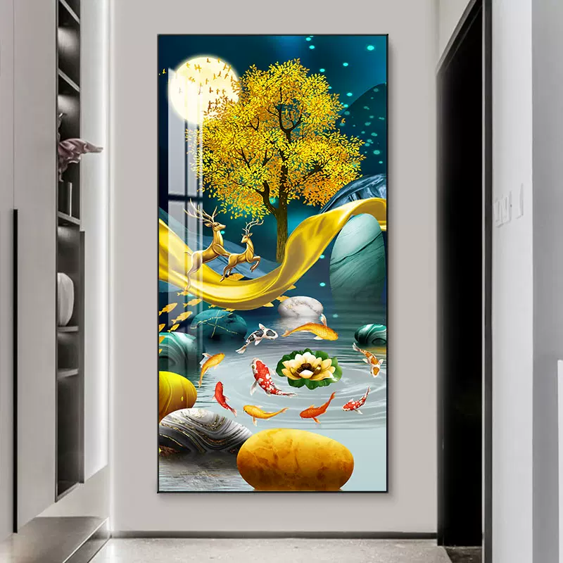 九鱼招财晶瓷装饰画玄关走廊现代挂画轻奢风格客厅挂画