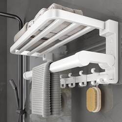 White Bathroom Storage Rack with Towel Rack, No-Drill Bath Towel Rack, Bathroom Shelf, Towel Bar, Towel Hanger