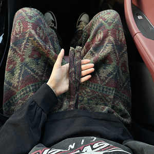 American heavy knitted hoodies for men's autumn and winter design, national loose pants, vintage wool casual trousers
