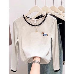 American Retro Pure Cotton Long-Sleeve T-Shirt for Women, Versatile for Spring and Autumn, with Lace Splicing, Stylish and Age-Reducing, Long-Sleeve Inner Layer Base Shirt