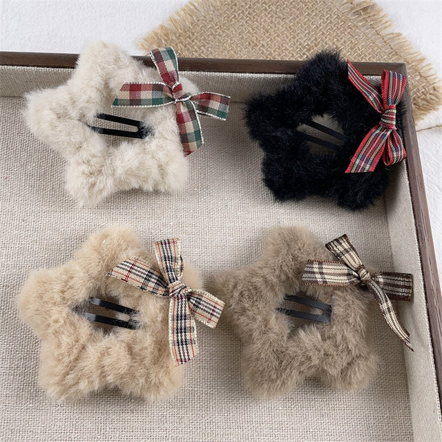 Bow plush pentagram Star hair clip female front bangs bangs clip the back brain broken hair BB headgear winter female
