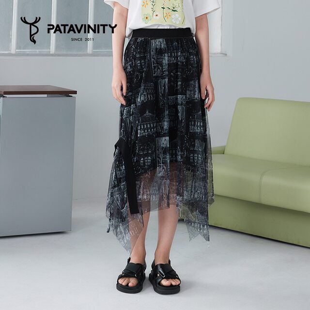 PATAVINITY summer hem asymmetric printed mesh skirt women's clothing 8F3231018
