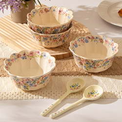 Ceramic Pastoral Style Floral Soup Bowl with Rim, Bowl with Spoon, Breakfast Bowl, Oatmeal Bowl, Ceramic Rice Bowl, Heated Milk Bowl