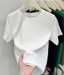 Right-Shoulder Pure Cotton Brushed Short-Sleeve T-Shirt for Women, Niche Design, Fashionable and Versatile Top, White Base Shirt for Spring and Autumn