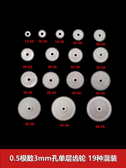 プラスチック平歯車 - モジュール0.5、穴3mm、12-56歯