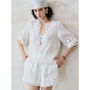 
SHERLEY RTW exquisite styling/hollow embroidery 100 high quality linen shirt shorts suit