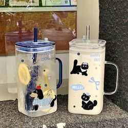 Glass Cup for Women, High-Looking Cup, Large-Capacity Office Cup with Handle, Square Transparent Straw Cup, Coffee Cup