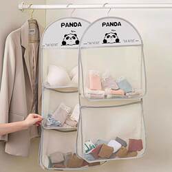 Panda Cartoon Socks and Underwear Storage Hanging Bag, Multi-Layer Mesh Hanging Organizer for Wardrobe, Sock Storage Solution