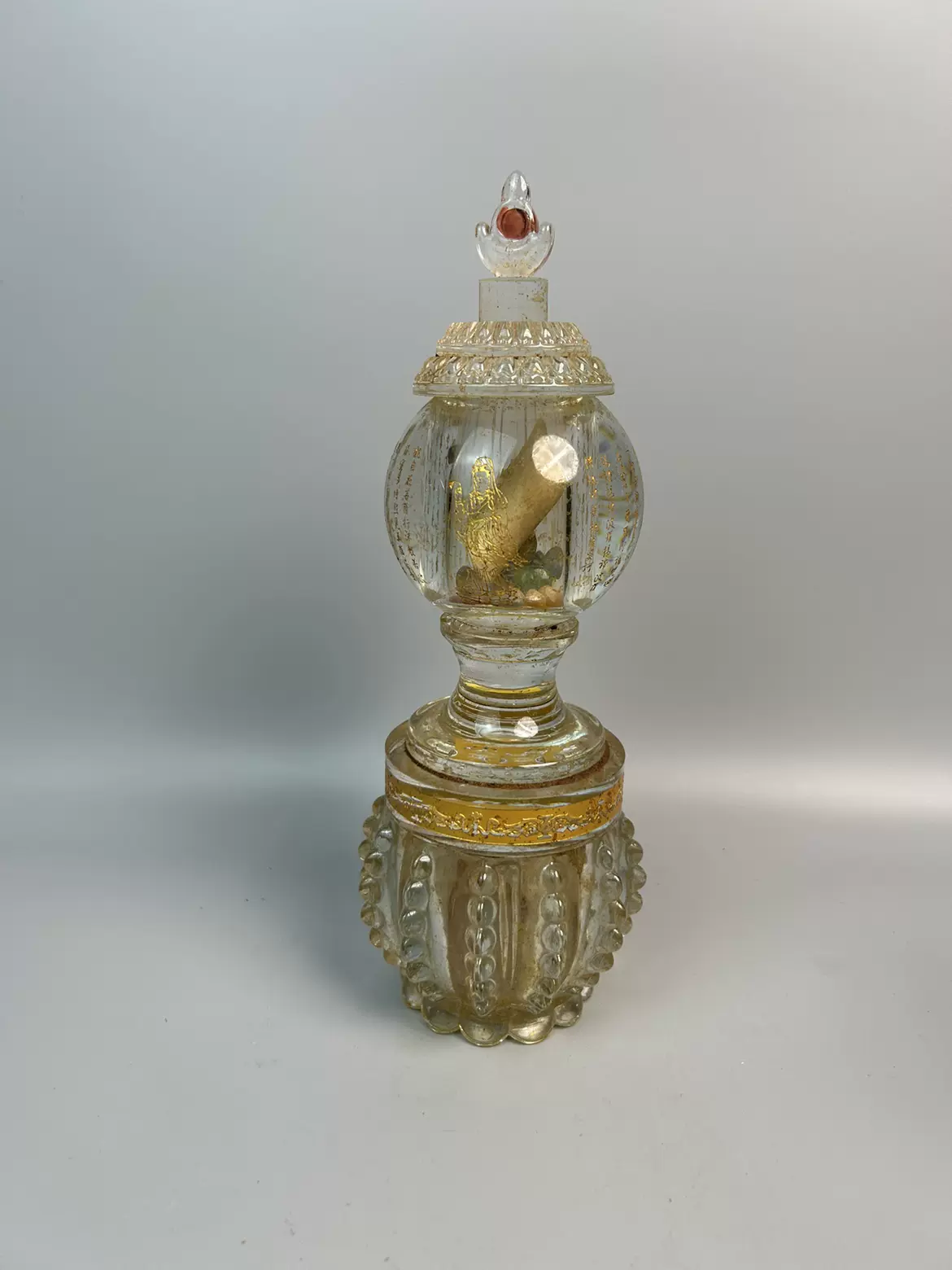 西蔵地宮出土 水晶製 手彫菠蜜心 描金 舍利塔 付金剛舍利