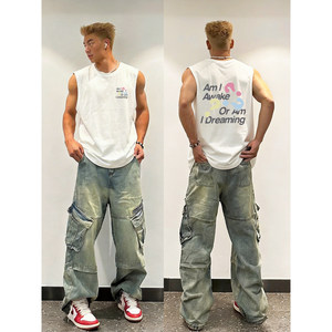 
European and American fashion brand hiphop heavyweight pure cotton waistcoat vest men's summer street niche printed sleeveless T-shirt top
