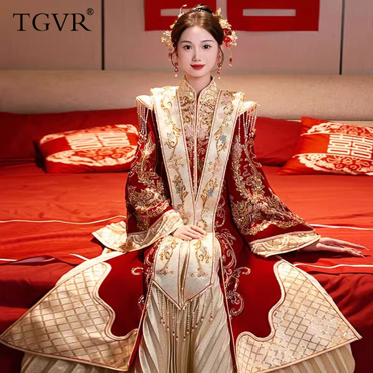 Tgvr 2024 夏の中国の花嫁漢服 - 鳳凰冠ウェディングガウン