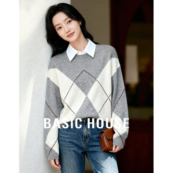 
Baijiahao sheep wool thickened warm diamond sweater women's winter new retro pullover sweater winter top