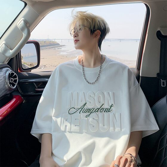 Short-sleeved men's summer trendy steel-printed half-sleeved American drop shoulder sleeves loose t-shirt white top T-shirt for men