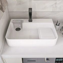 Ceramic Countertop Basin with Washboard, Balcony Washing Machine Side Drain, Bathroom Washbasin Side Drain Single Basin