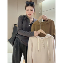 Plus-Size Pullover Buttoned Hooded Thin Sweatshirt Long-Sleeve T-Shirt Women's 2024 Autumn and Winter New Outerwear Top