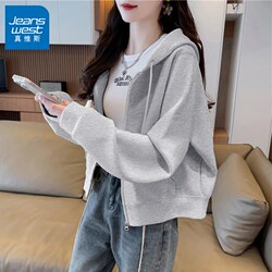 Jeanswest Gray Short Jacket for Women, Spring 2026 New Style, Thin Loose Hooded Cardigan Sweatshirt for Women