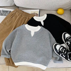 
Boys' fake two-piece long-sleeved T-shirt, spring and autumn children's Korean version solid color round neck top, handsome casual and versatile bottoming shirt