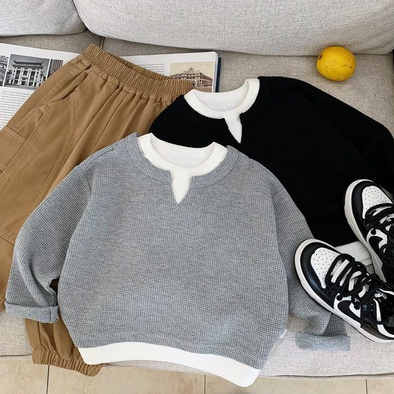 
Boys' fake two-piece long-sleeved T-shirt, spring and autumn children's Korean version solid color round neck top, handsome casual and versatile bottoming shirt