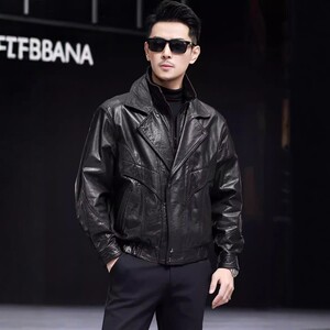 
2025 Haining New Sheep Leather Jacket Men's Double Lapel Slim Fit Cotton Thickened Hunting Leather Jacket