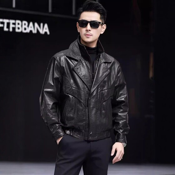 
2025 Haining New Sheep Leather Jacket Men's Double Lapel Slim Fit Cotton Thickened Hunting Leather Jacket