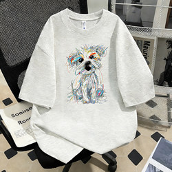 Graffiti Line Drawing Puppy Print Pure Cotton Short-Sleeve T-Shirt for Men, Summer Loose Trendy Versatile Couple Half-Sleeve Top