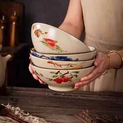 Jingdezhen Ceramic Underglaze Color High-Temperature Fired Vintage Chinese-Style Household 7inch 8inch Mixed-Color Combination Conical Bowl