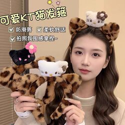 Cute Leopard Print Kt Cat Headband for Women 2025 New Style for Applying Face Masks, Washing Face, Hair Styling, Autumn and Winter Plush Non-Slip Headband