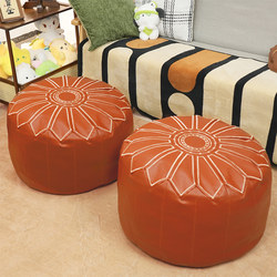 Retro Household Round Leather Storage Stool with Embroidery for Living Room and Bedroom, Large Capacity Storage Stool with Storage Bag