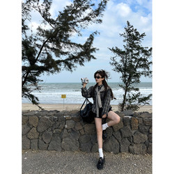 Chuanhe Retro Black and White Plaid Back-Tie Women's Shirt, Spring Versatile Casual Turn-Down Collar Long-Sleeve Shirt