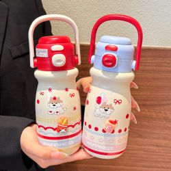 Cute Panda Water Bottle Thermos Cup for Girls, New 2025 Model, High Aesthetic Double Drinking Straw Cup for Students