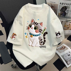 Hip-Hop Street Style Cute Pure Cotton Faux Embroidered Cat Short-Sleeve T-Shirt for Women, Summer Vintage ins Trendy Brand Top