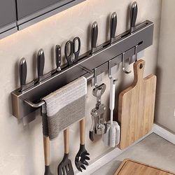 German Knife Holder Storage Rack Multifunctional Kitchen Storage Rack Wall-Mounted Stainless Steel Knife Holder Punch-Free Hook Rack