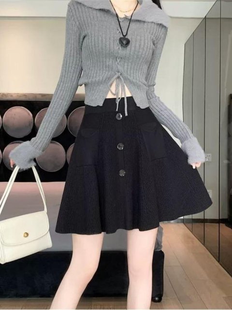 Fat MM pocket design high waist pleated knitted A-line skirt short skirt for women large size loose elastic waist versatile skirt