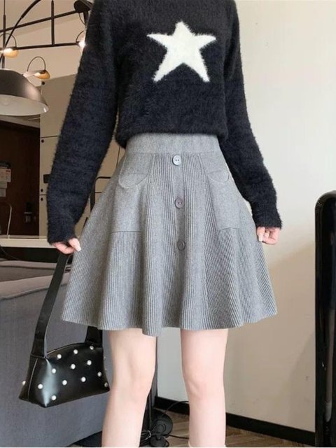 Fat MM pocket design high waist pleated knitted A-line skirt short skirt for women large size loose elastic waist versatile skirt