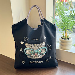 Japanese-Style Embroidered Cat Eco-Friendly Shopping Bag Canvas Bag Large Capacity Crossbody Shoulder Commuter Bag Ball Chain