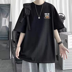 Hip-Hop American Style Pure Cotton Short-Sleeved T-Shirt for Boys, Summer Trendy Brand, Loose Fit with Bear Print Half-Sleeve Clothing for High School Students