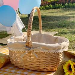Outdoor Picking Picnic Bamboo Basket, Hand-Woven Finished Product, Blue Handbag, Children's Storage, Egg Basket, Vegetable Basket